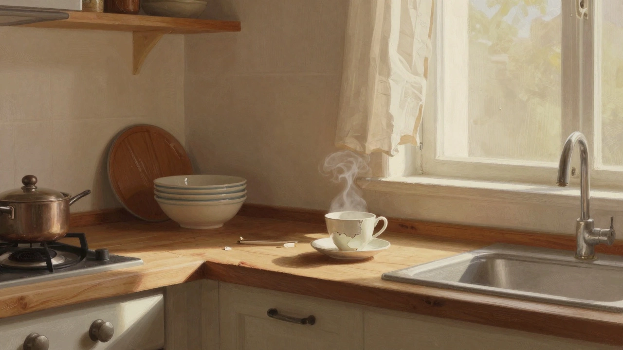 Кухня с деревянной стойкой, керамической посудой и теплым светом позднего послеобеденного времени.