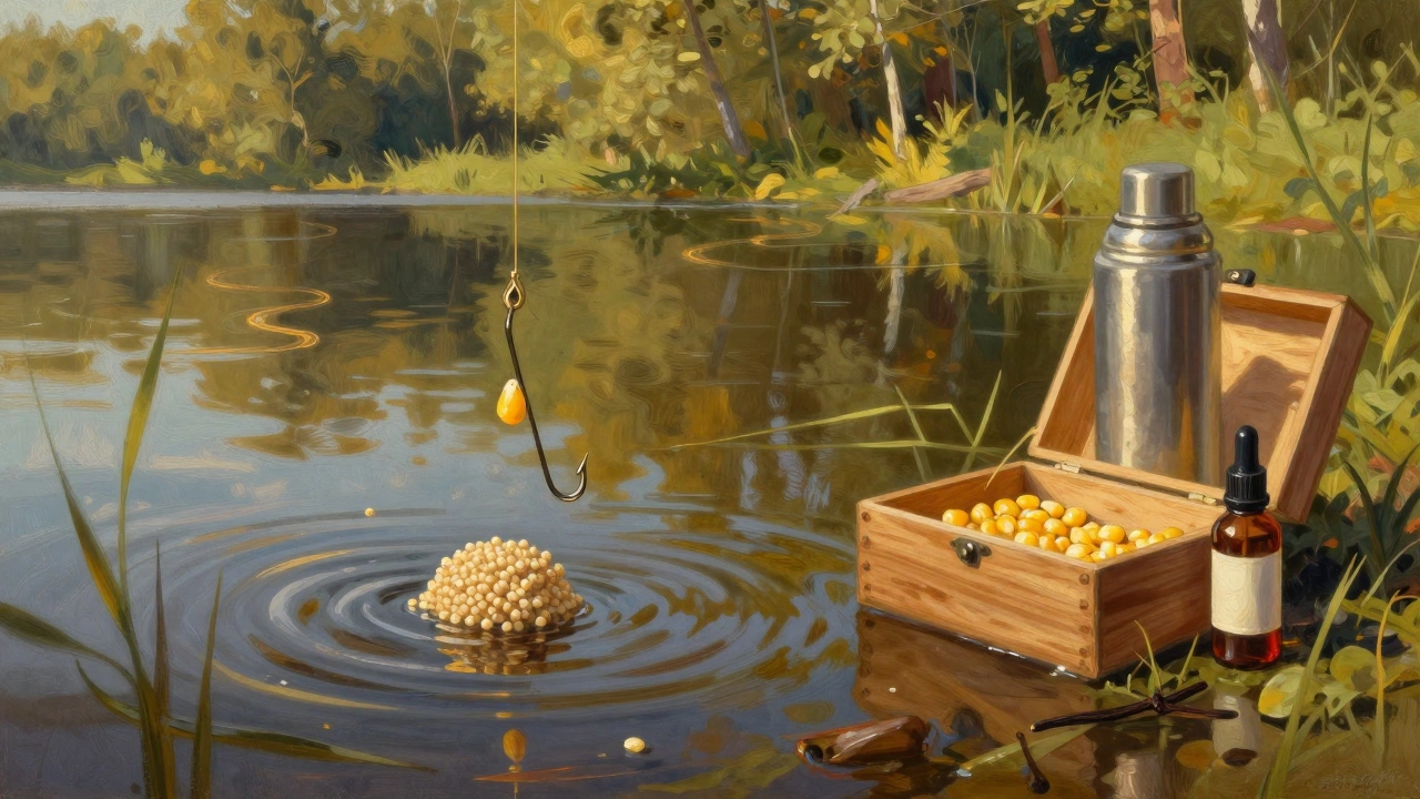 Летний берег озера с крючком, насаженным кукурузой и перловкой, в теплой воде.