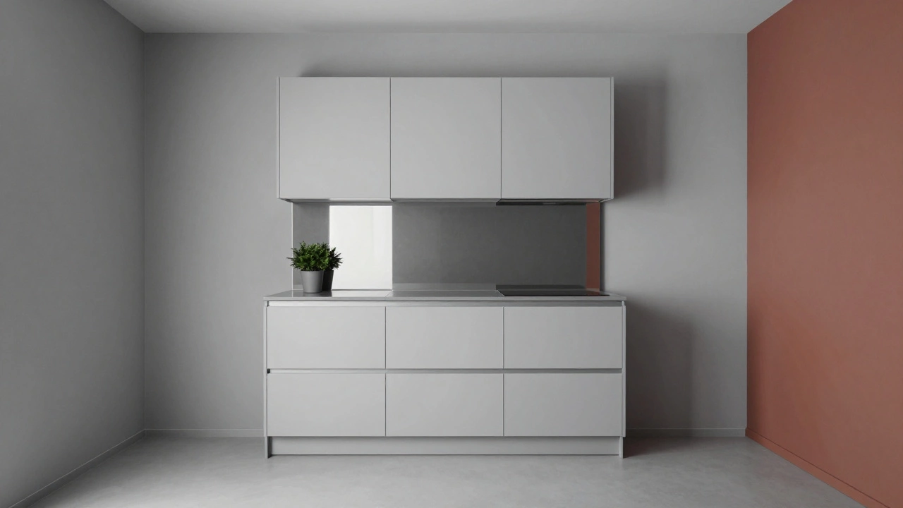 Мягкий серый фон с зеркальным фартуком и терракотовой акцентной стеной.