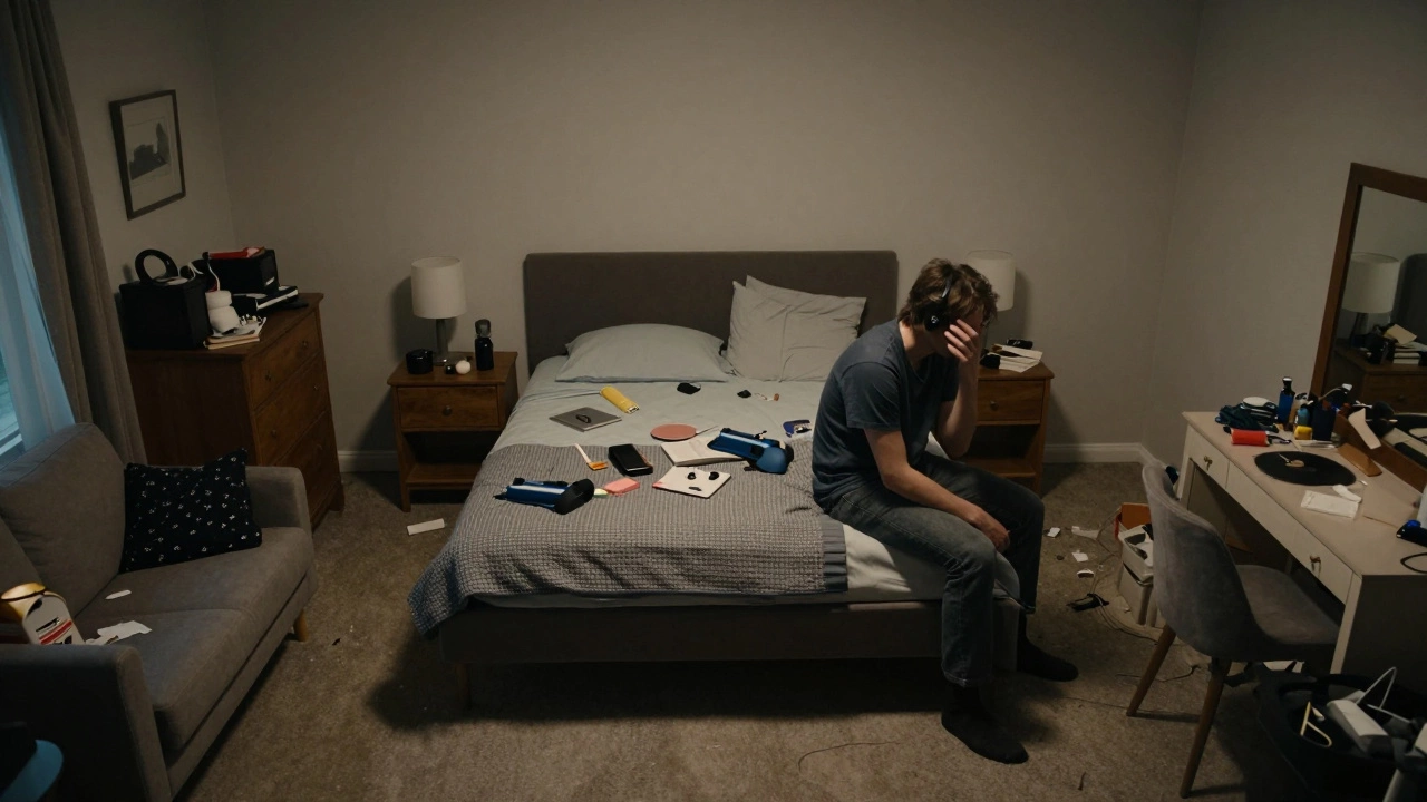 Перегруженная спальня с кроватью по центру, вокруг — тумбочки, комод, диван и зеркало, человек выглядит уставшим.