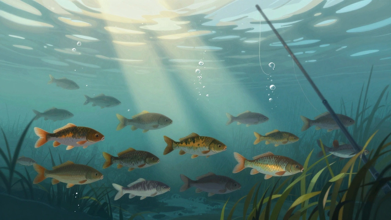 Подводная сцена: карась, лещ и плотва плавают у мелководья при утреннем свете, поднимаются пузырьки кислорода.