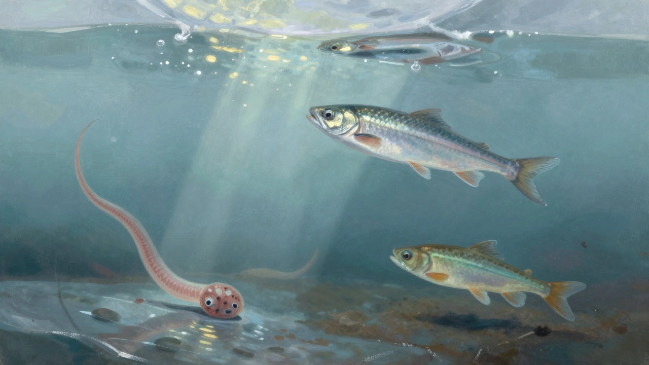 Подводный вид трёх видов зимней наживки на дне ледяного озера: мотыль, рыбная мякоть и живая мелочь.