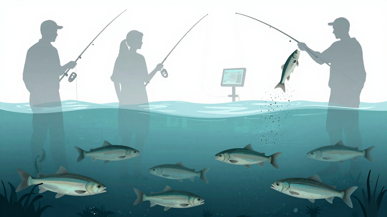 Прозрачная река с рыбами, над ней прозрачные силуэты рыбаков и цифровые данные.