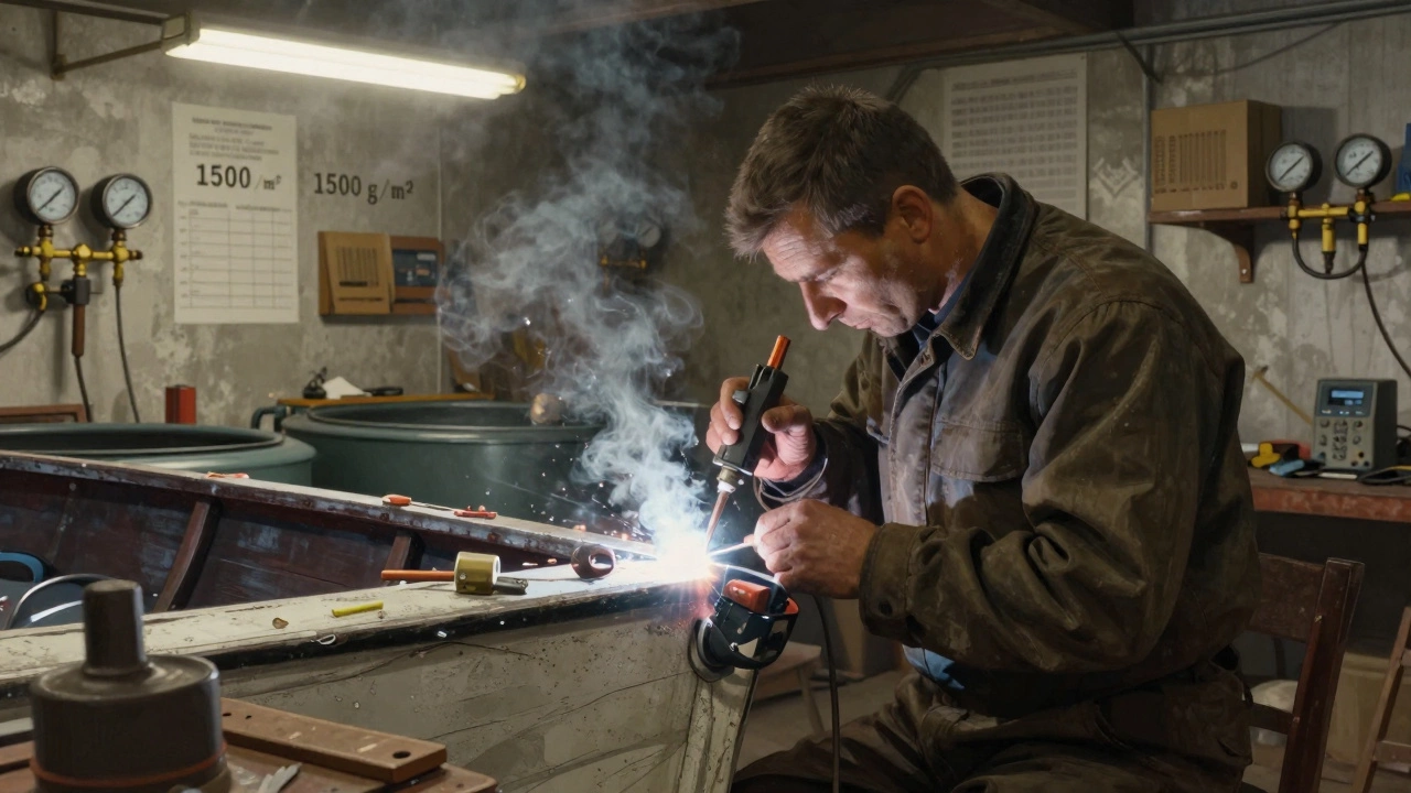 Рабочий в цеху сваривает шов лодки с помощью термосварочного оборудования под контролем.