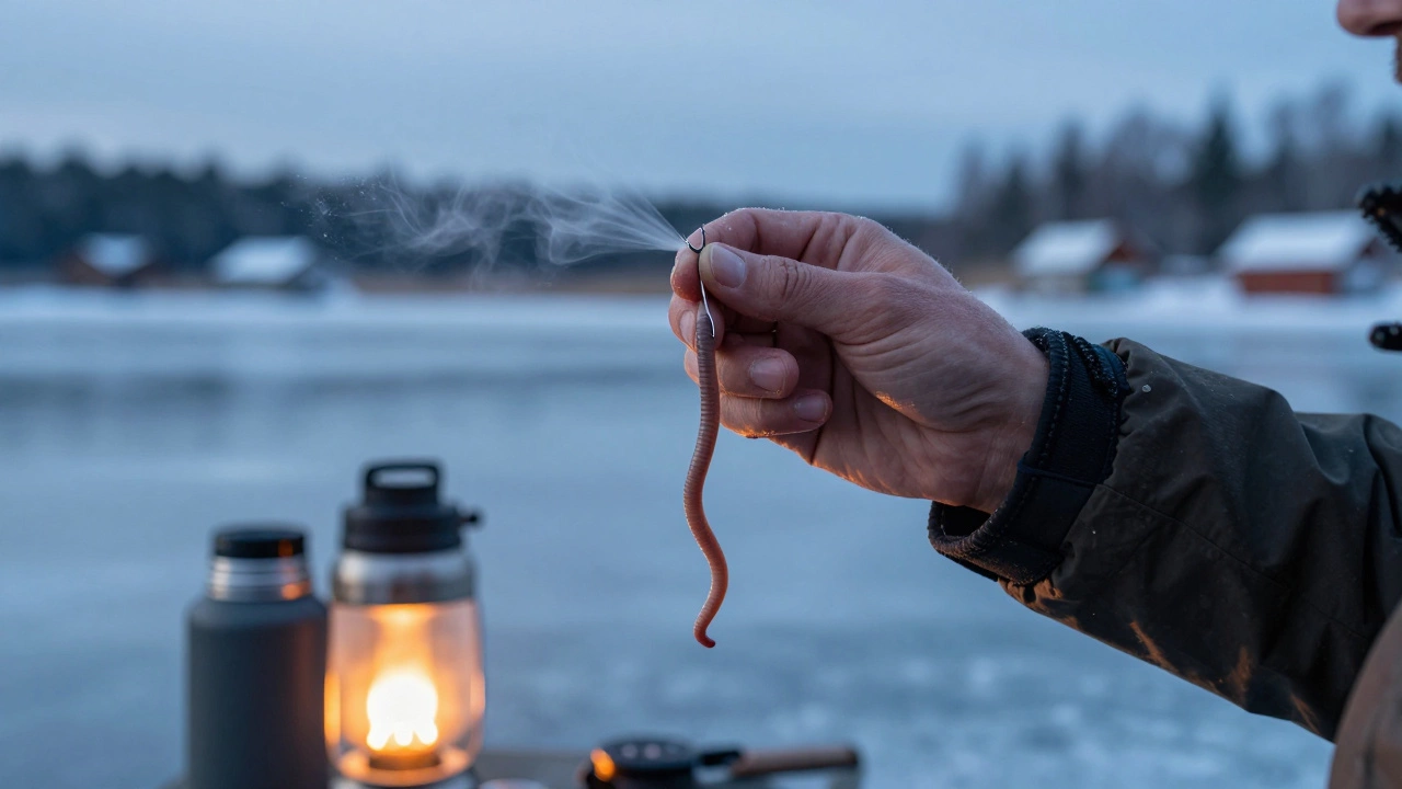 Рука рыбака насаживает навозного червя на крючок на фоне замерзшего озера, тёплый свет термоса на морозе.
