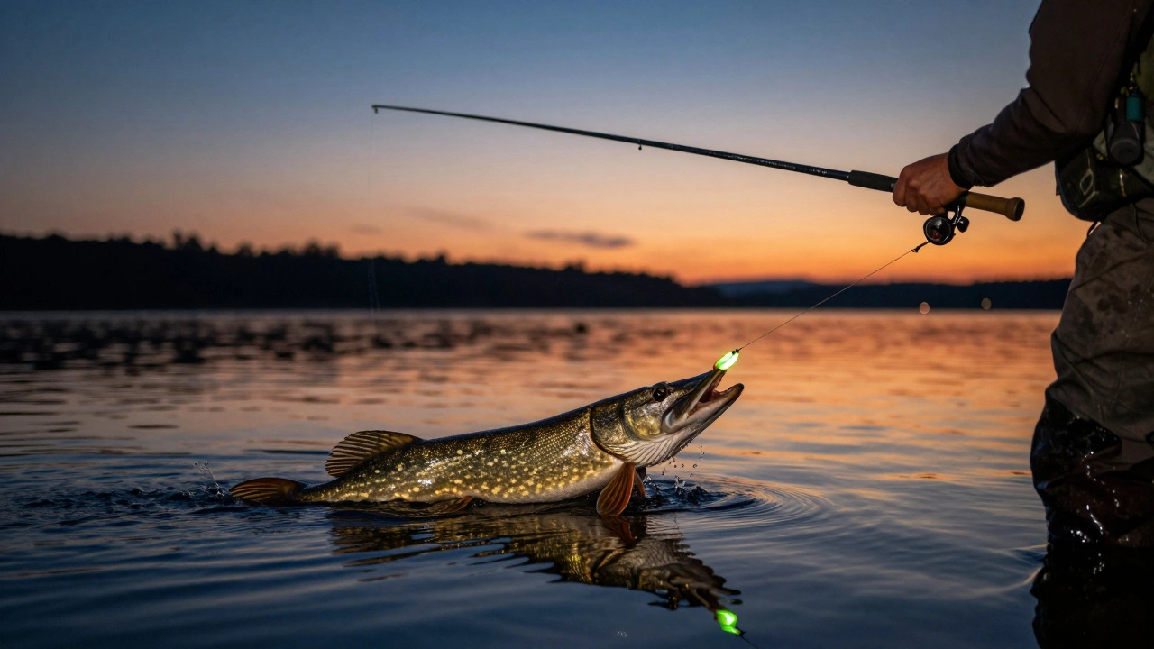 Рыбак в сумерках ловит щуку со светящейся приманкой