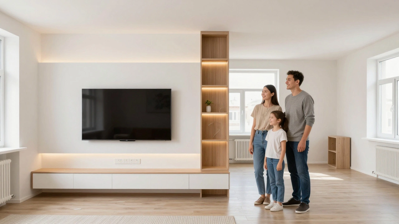 Семья в уютной гостиной с идеально продуманным освещением и встроенной мебелью, на стене — фото до и после ремонта.