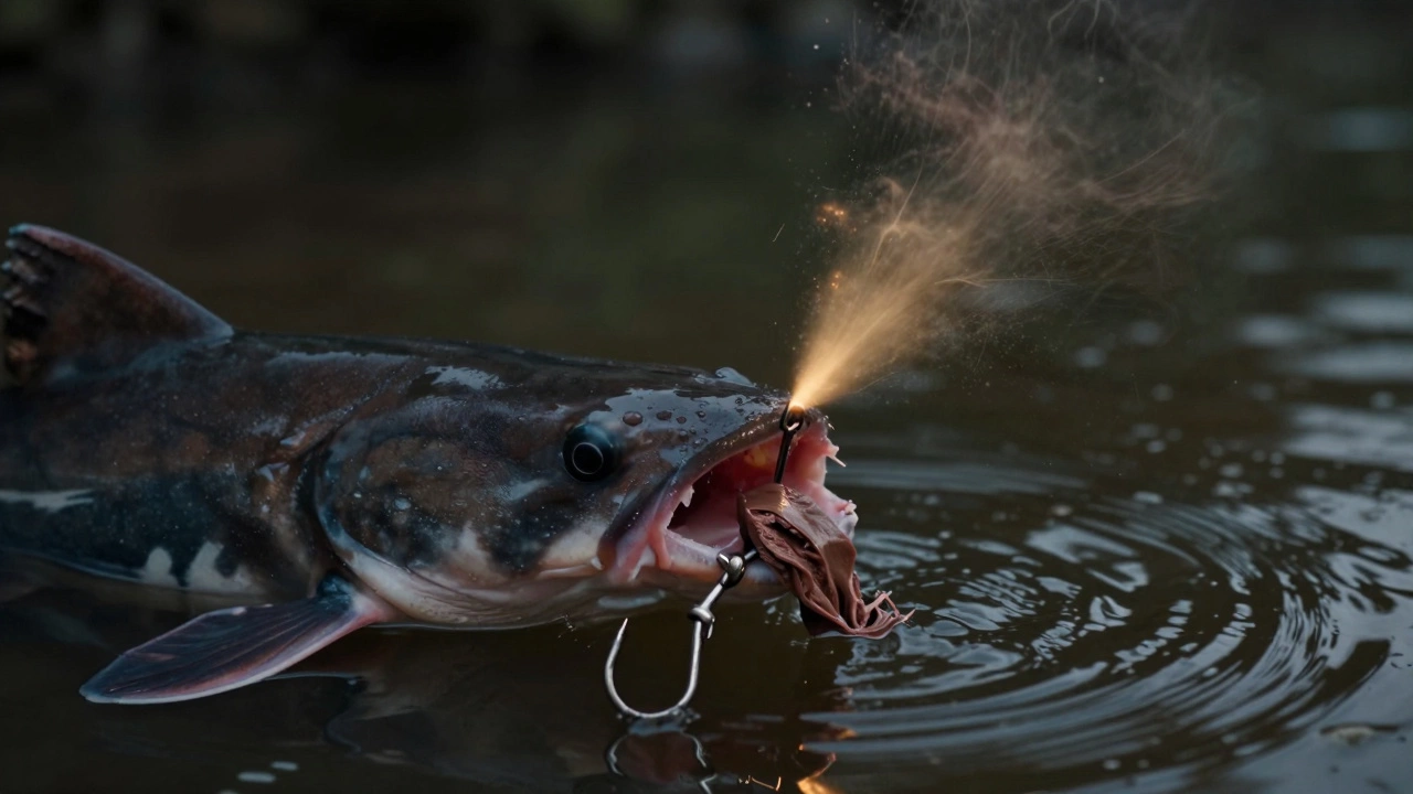 Сом клюет на куриную печень в реке Обь, запаховая приманка