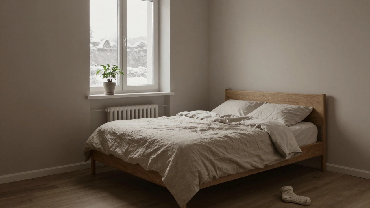 Спальня на рассвете с теплым нейтральным оттенком стен и легким снегом за окном.