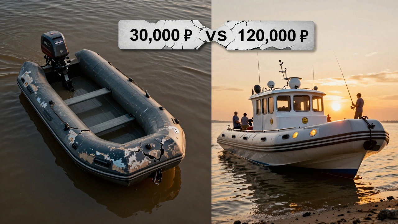Сравнение дешевой и качественной лодки: одна разваливается, другая — безопасна для семьи на закате.