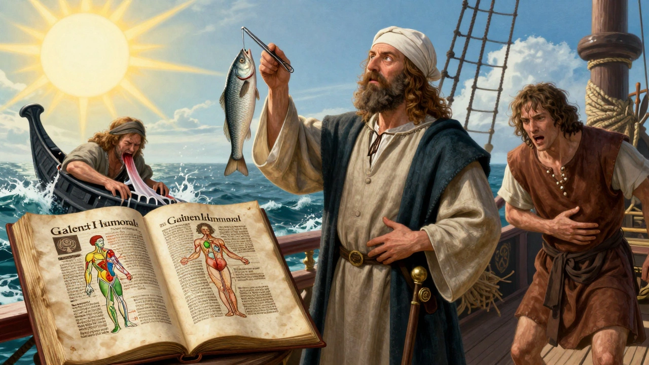 Судовой врач показывает на рыбу, рядом — рукопись Галена, за спиной — больной матрос, стоящий у борта.
