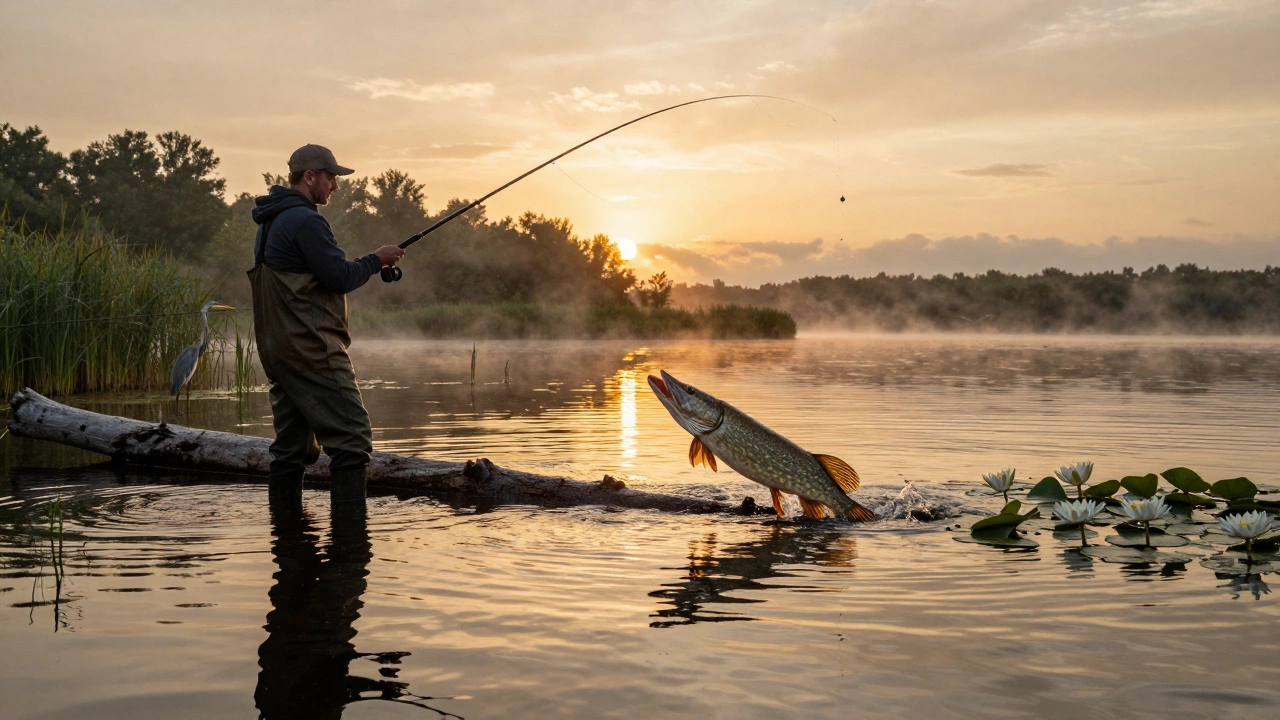 Щука атакует приманку на закате, вода светится золотом, лilies и подводные бревна на заднем плане.