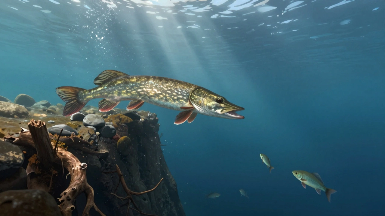 Щука на подводной бровке, где мелководье резко переходит в глубину.