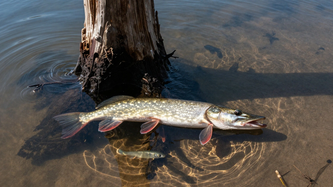 Щука у затопленной коряги, в ожидании мелкой рыбы в тихой зоне течения.