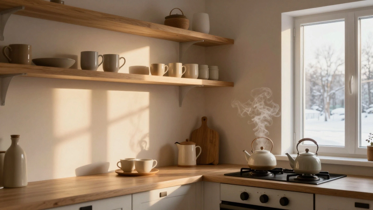 Тёплая кухня в бежевых тонах с чайником и окном за снежным пейзажем, наполненная уютным светом.