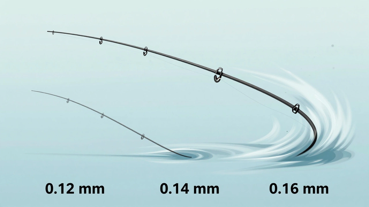 Three fishing lines of different thicknesses flying through air, showing varying distances and trajectories.
