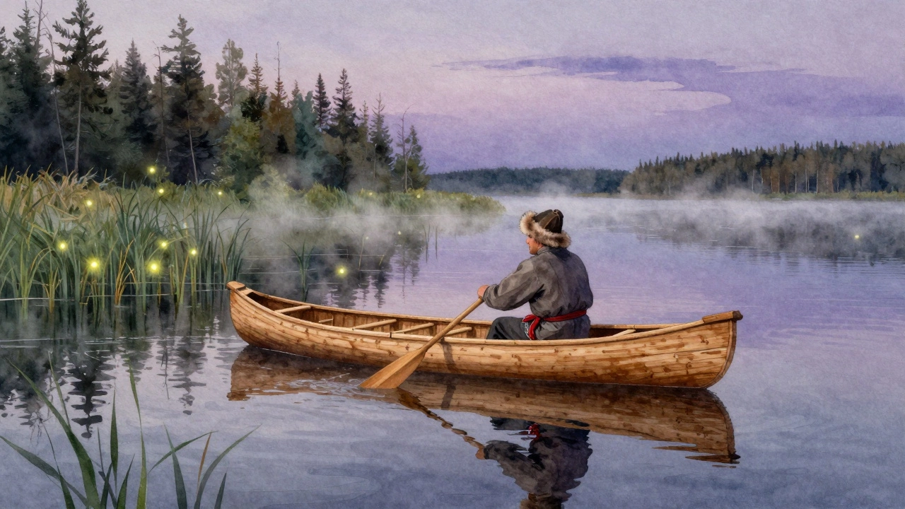 Традиционное каноэ в озере Карелии с рыбаком, гребущим веслами на закате.