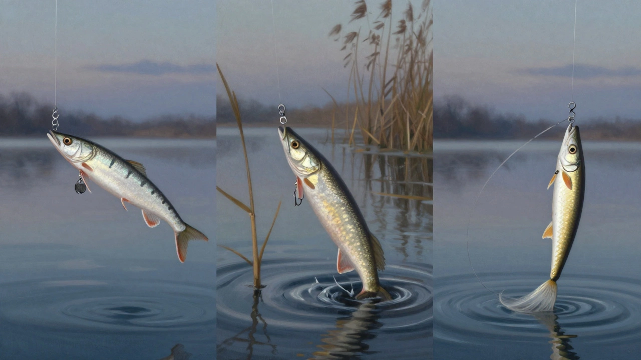 Три техники проводки блесны: тик-так, прыжки и медленный подъём, с изображением щуки в глубине.
