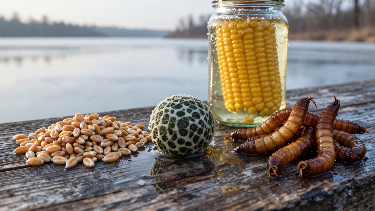 Три вида самодельных насадок: пшеница, манная болтушка и копчёный червь.