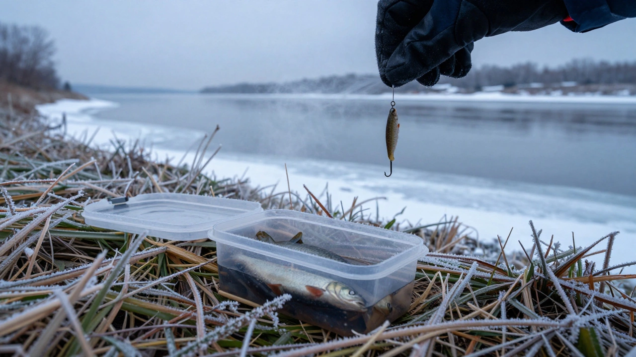 Зимняя рыбалка с берега: крючок с мотылем на открытом участке воды под холодным небом.