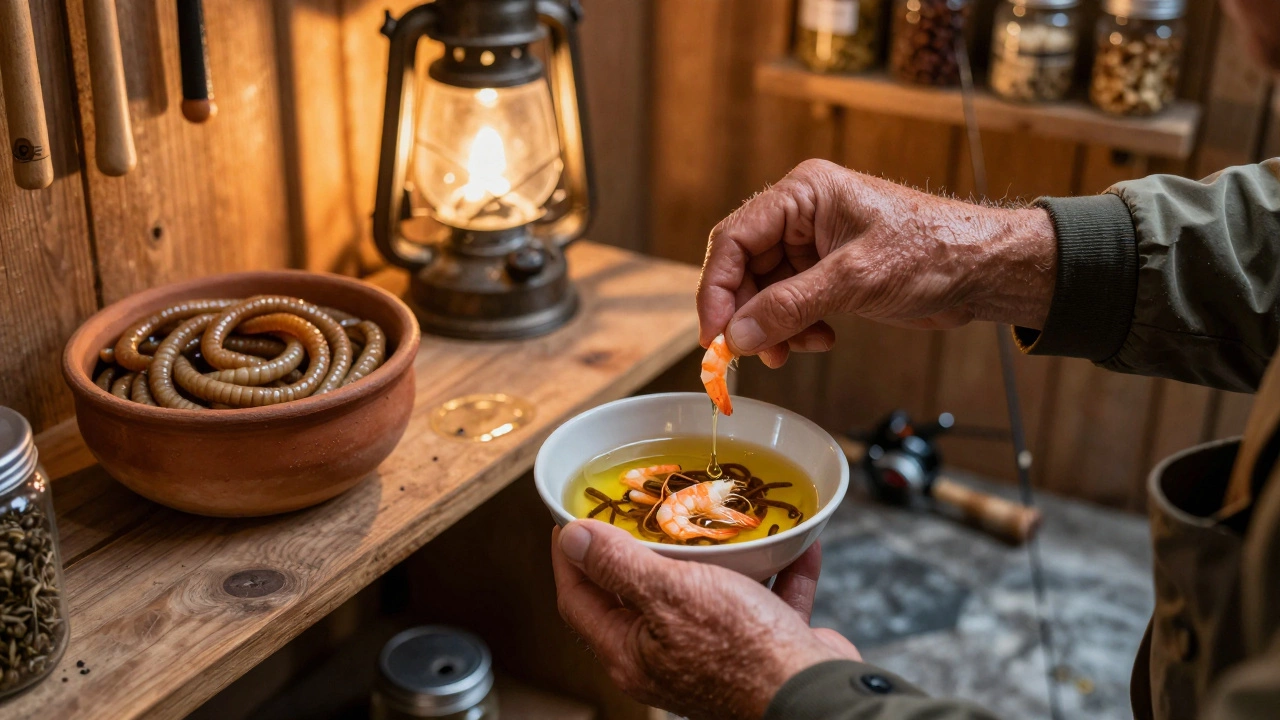 Живой мотыль и креветка смешиваются для приманки окуня и щуки.