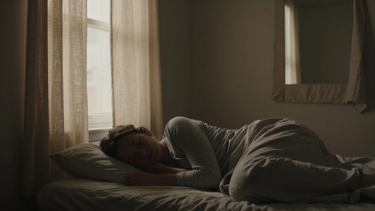 Человек спит спокойно, зеркало закрыто тканью, окно за спиной защищено шторами.