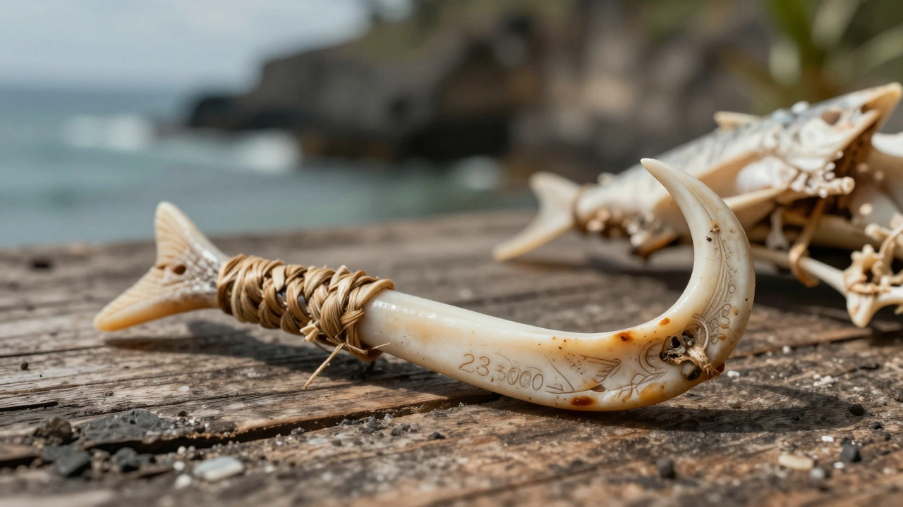 Древний костяной рыболовный крючок с верёвкой из растительных волокон, 23 000 лет назад.