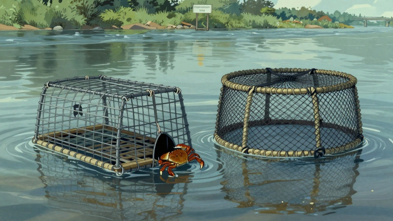 Две легальные раколовки в реке: жесткая каркасная и сетчатая, с раком, входящим через узкий вход.