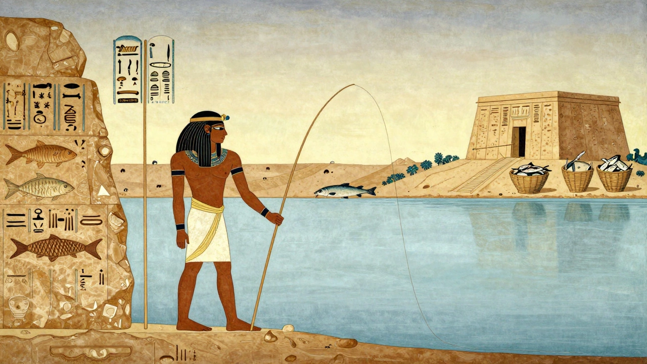 Египетский рыбак ловит рыбу с деревянной удочкой у Нила, фон — гробница фараона.
