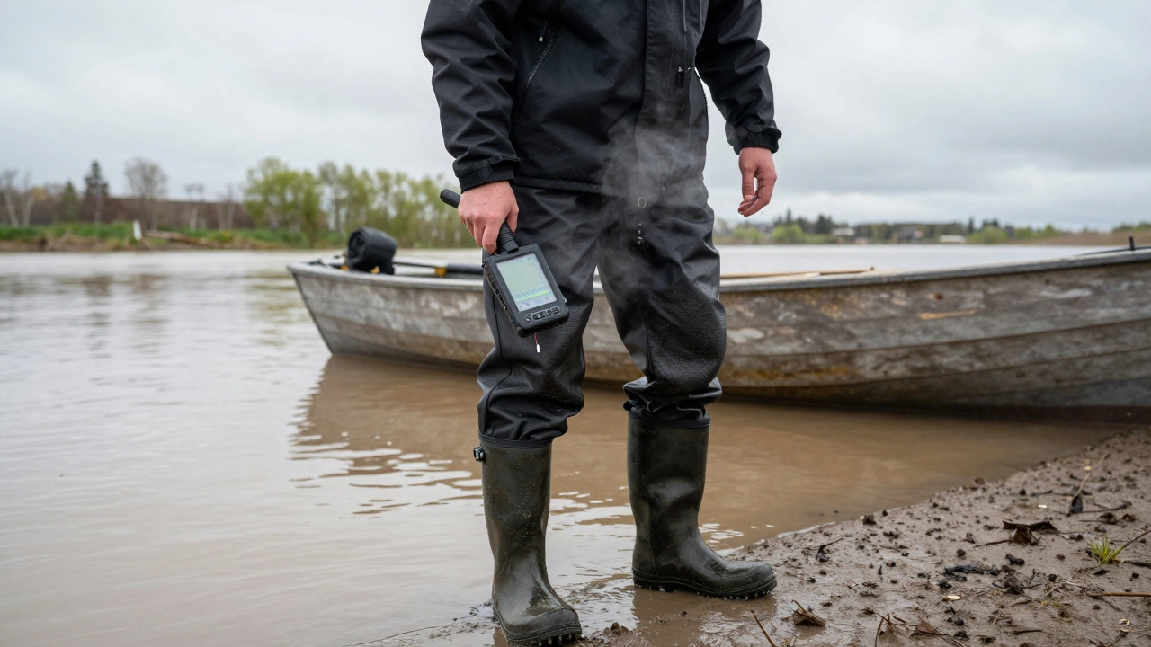 Эхолот в руках рыбака на фоне холодной реки и тумана.