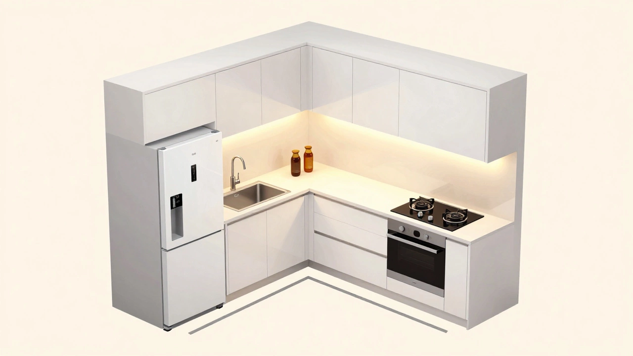 Г-образная кухня с рабочим треугольником, светлые фасады и подсветка, минимализм и функциональность.