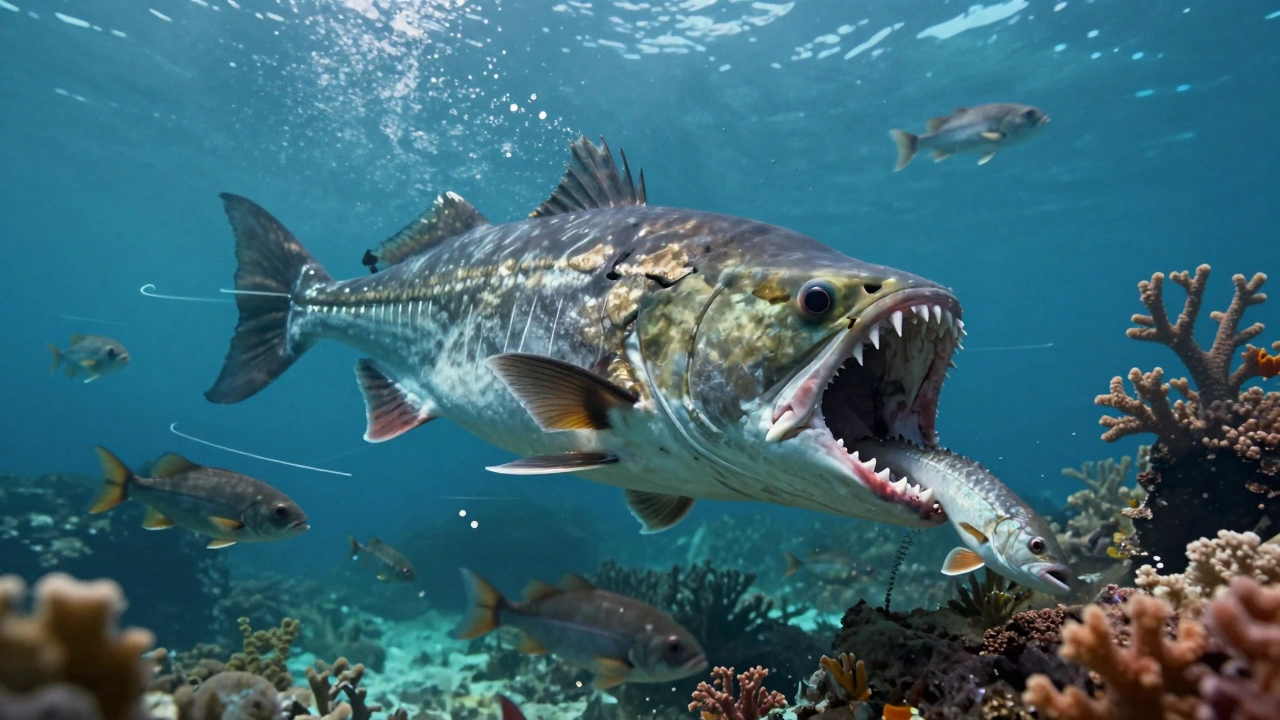 Хищная рыба с костяными челюстями атакует добычу в силурском море, другие рыбы уплывают.