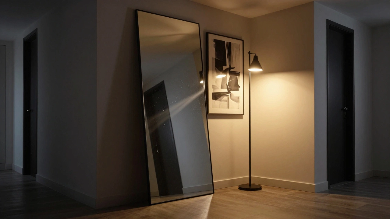 Комната с большим зеркалом и напольным светильником для объема.