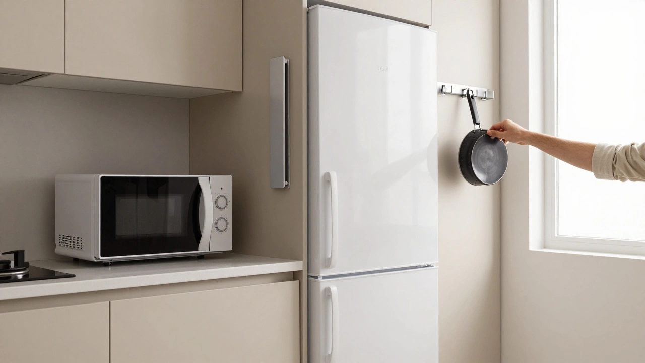 Компактная кухня с встроенными приборами, подвесными держателями и гладкими светлыми фасадами.