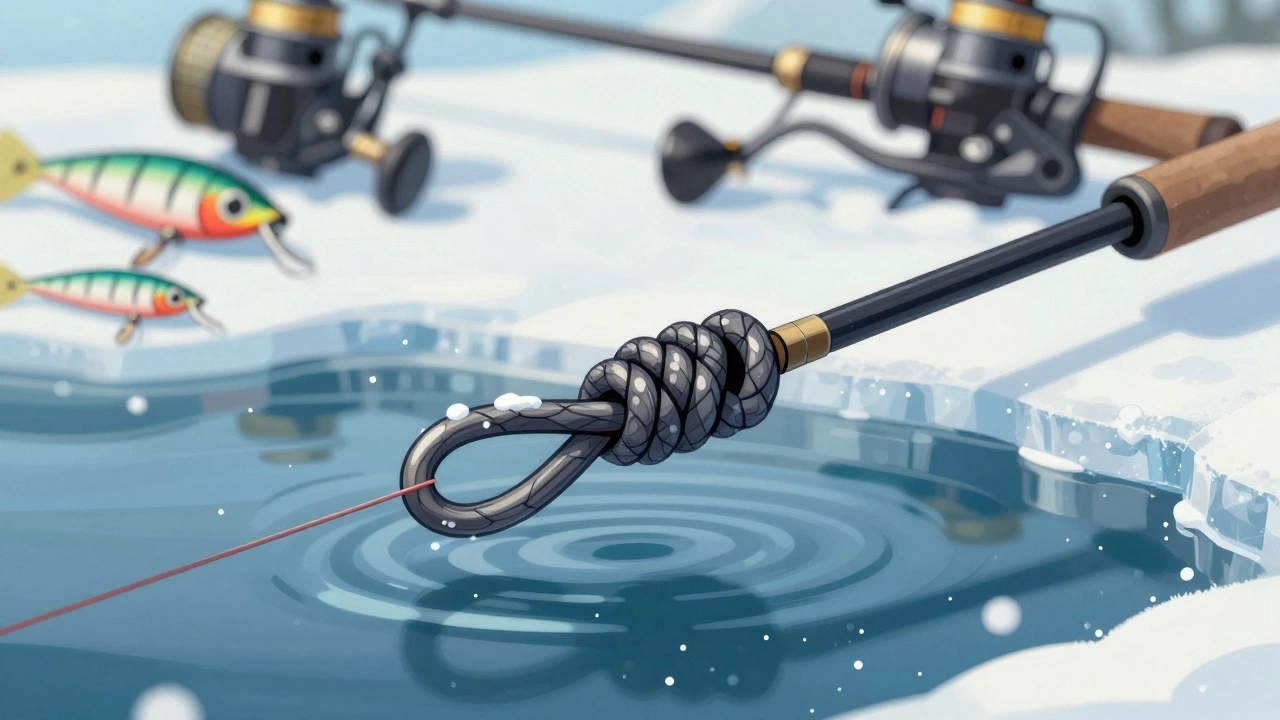 Крупный план надежного узла булинь на рыболовной леске с четкой петлей и каплями льда.