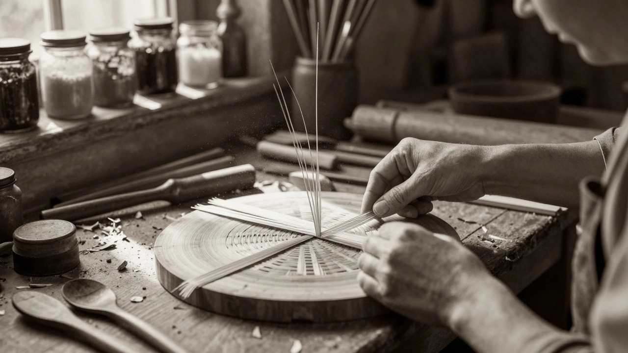 Мастер склеивает полоски тростника для рыболовного удилища в мастерской