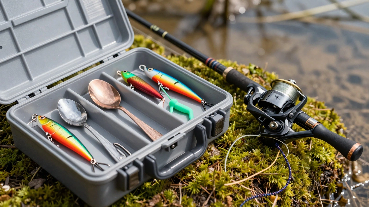 Набор рыболовных приманок и катушка лежат на земле у воды.