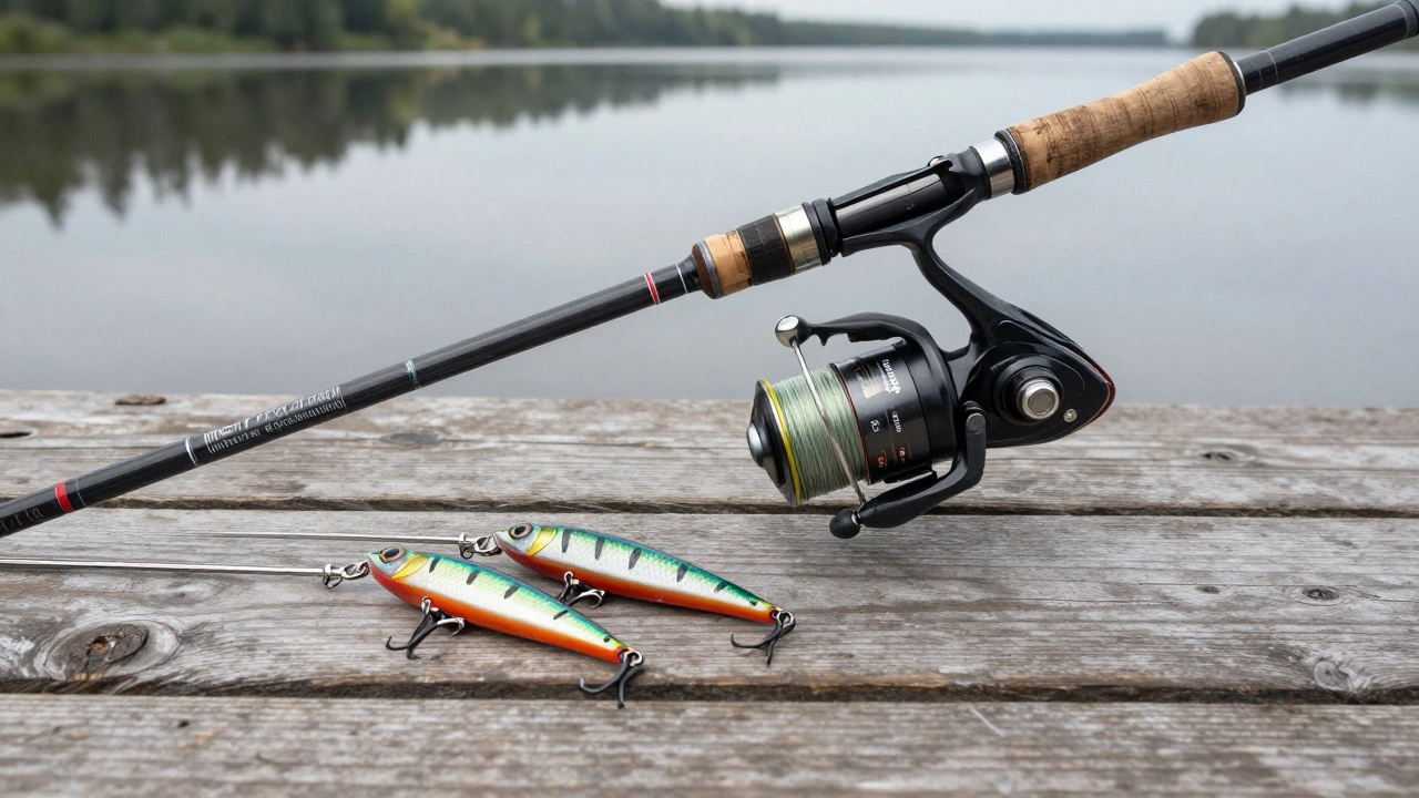 Набор снастей для ловли щуки: спиннинг, катушка, стальной поводок и две приманки на деревянной поверхности.