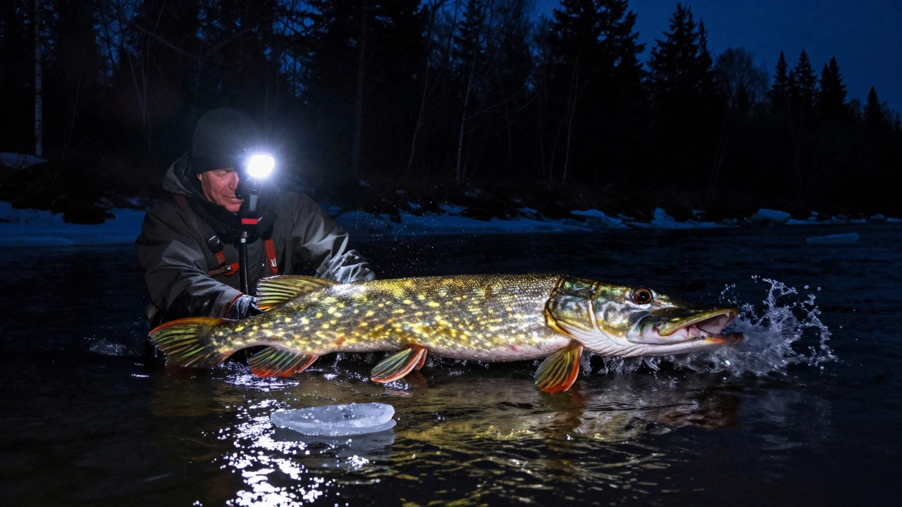 Ночной лов щуки с подсветкой: огромная рыба борется у поверхности под фонарём.