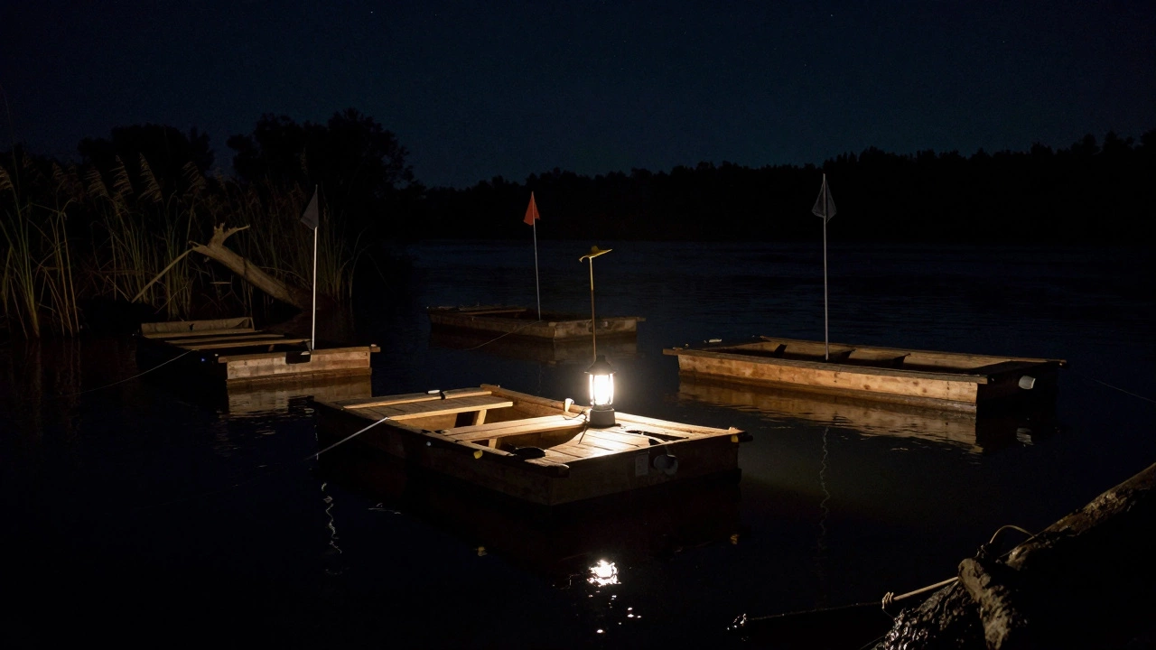Ночные кружки на реке с поднятым флажком от поклевки.