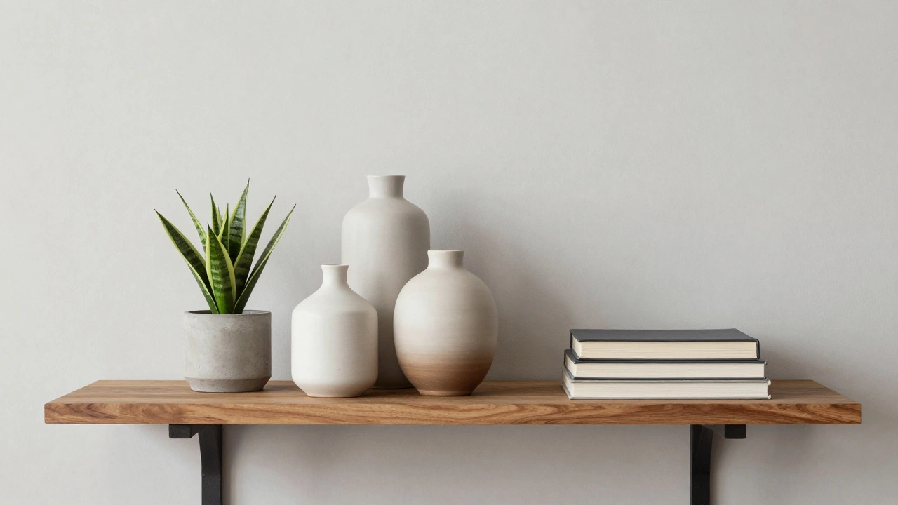 Организованная полка с цветком, вазами и книгами без загромождения.