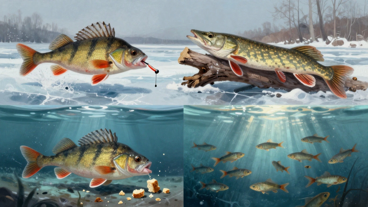 Подводная сцена: окунь, щука, лещ и плотва активно кормятся под льдом, солнечные лучи освещают воду, рыбы движутся в разных зонах.