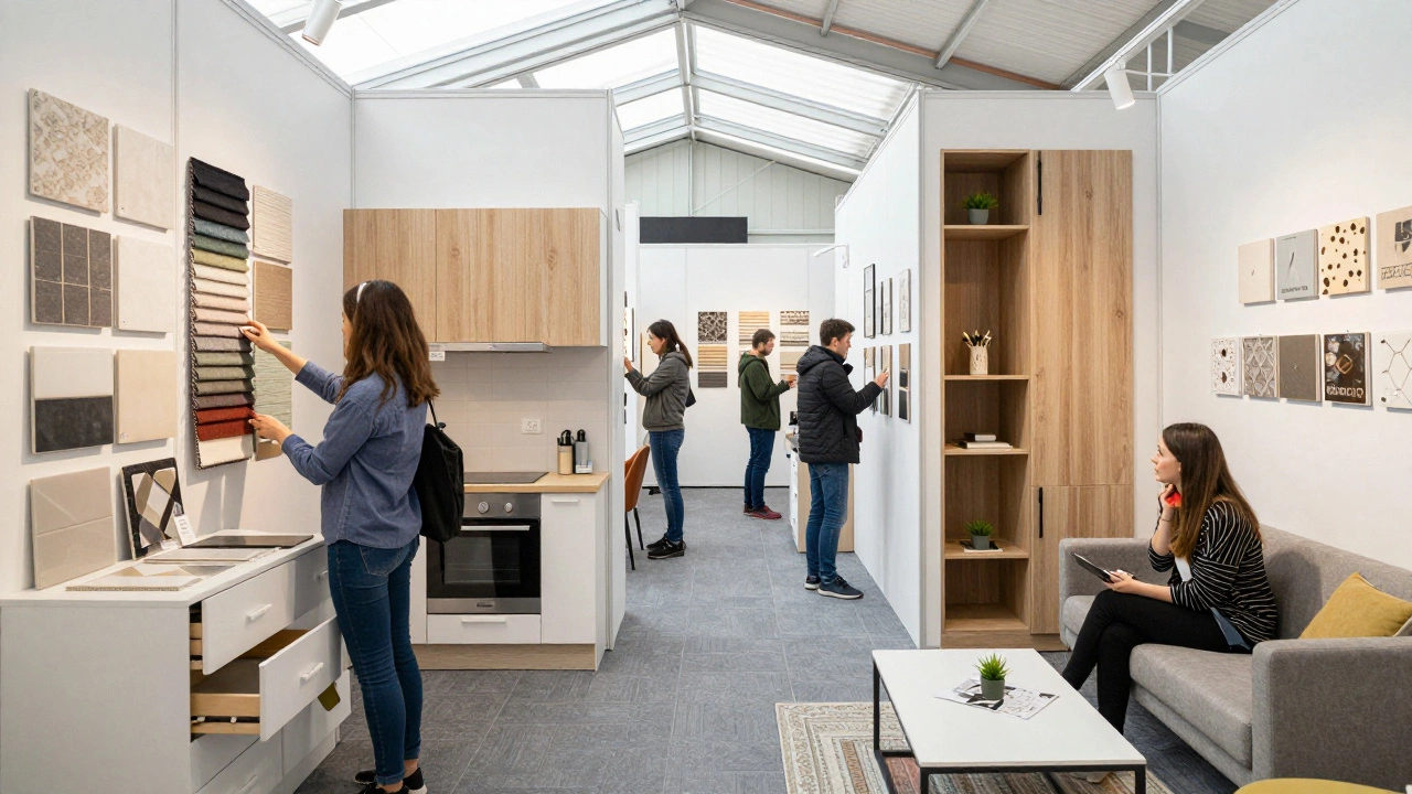 Посетители выставки интерьеров в Томске пробуют ткани, плитку и сидят на макетах реальных комнат.