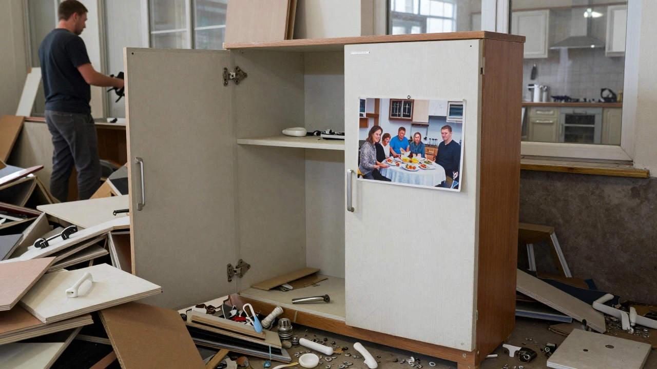 Разбор старого кухонного гарнитура на пункте переработки с видом на новую кухню в окне.