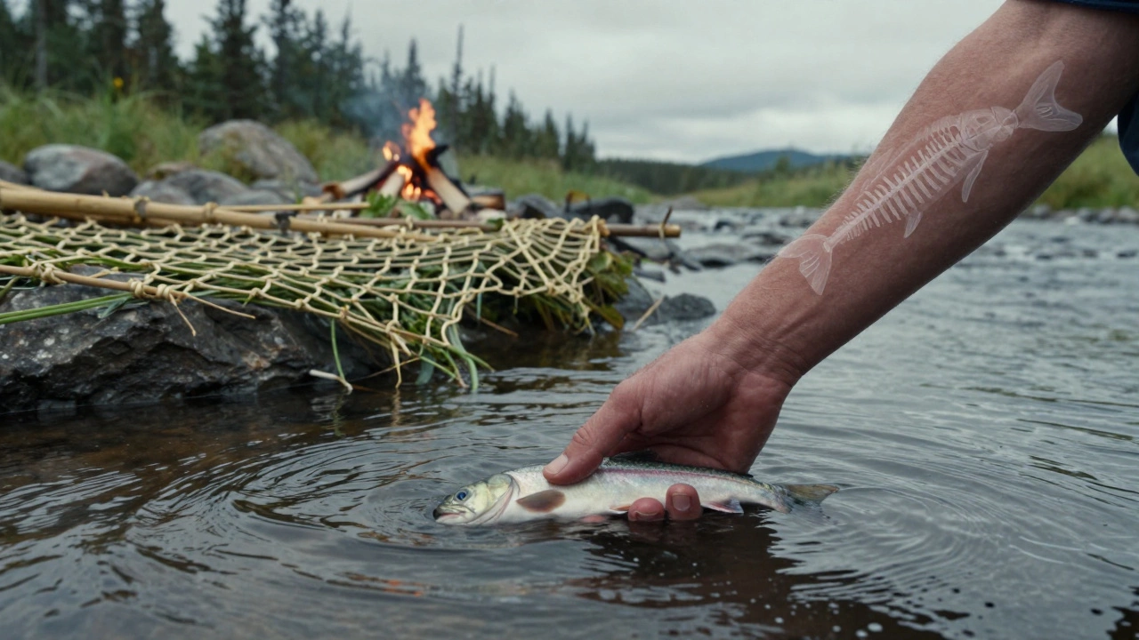 Рука древнего человека ловит рыбу в реке, а в воде отражается эволюционная связь с рыбами.