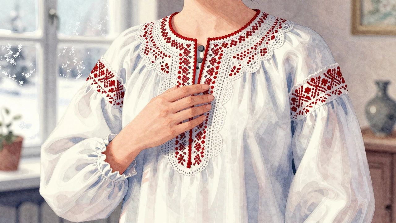 Рука касается кружевного воротника и пышных рукавов традиционного русского платья.