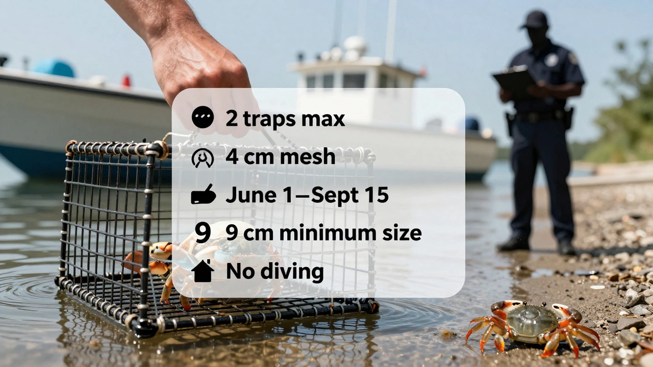 Рука ставит раколовку, на прозрачном слое — законы ловли: максимум 2 снасти, размер 9 см, сезон до 15 сентября.