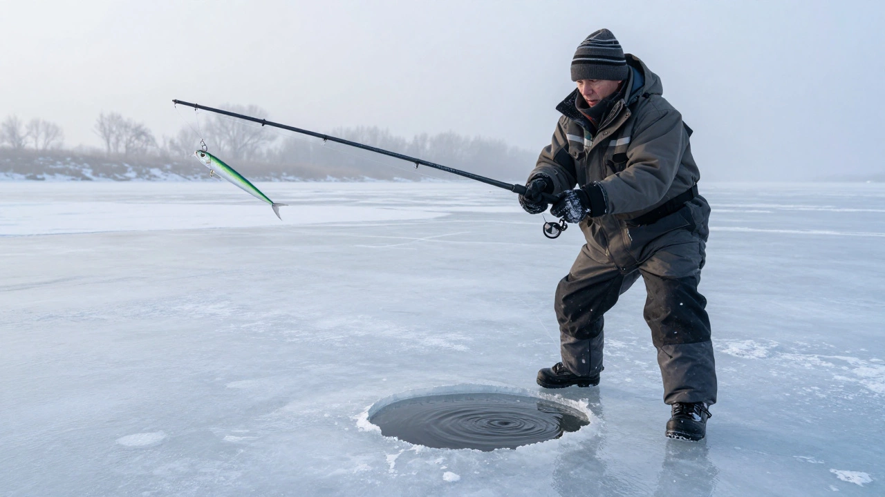 Рыбак активно играет блесной под льдом, ловя окуня или щуку на глубине.