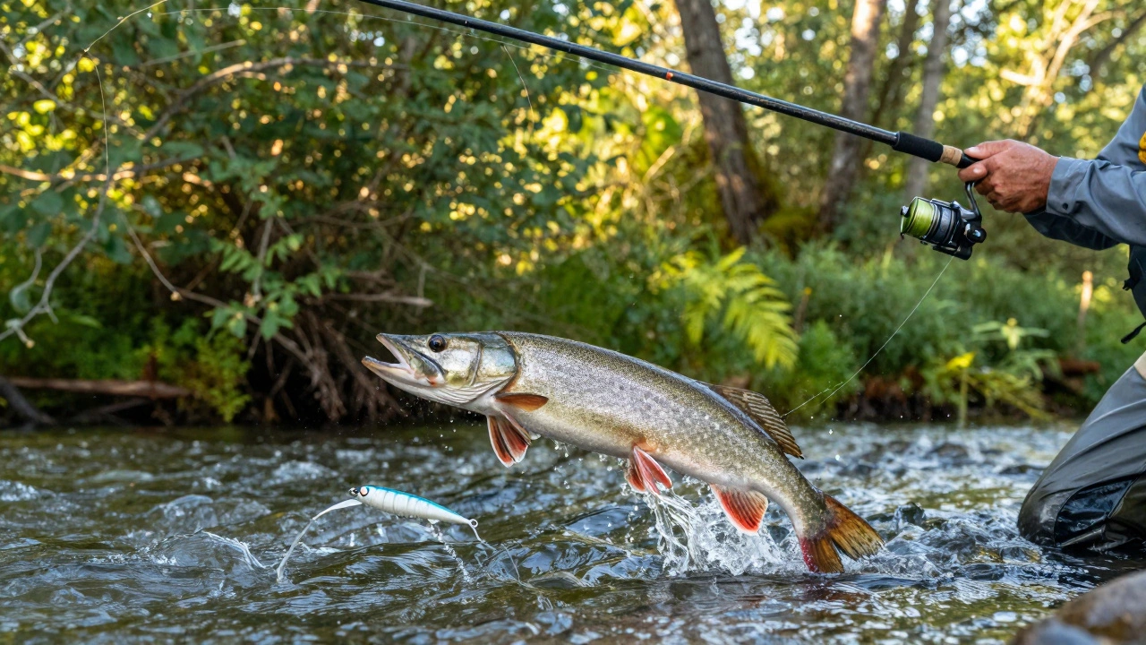 Рыбак ловит щуку на спиннинг в быстрой реке, приманка в воздухе.