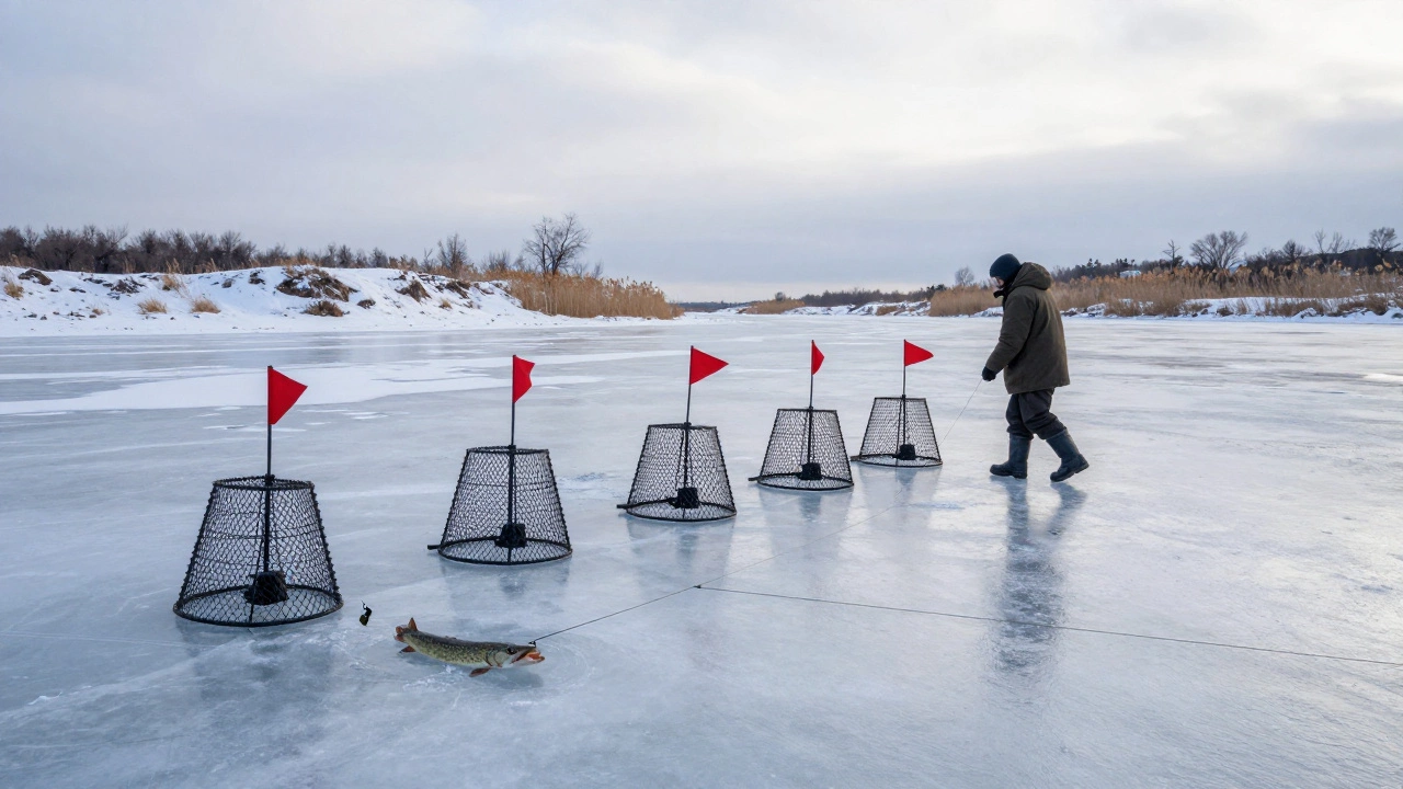 Рыбак проверяет жерлицы на замерзшей реке, красные флажки подняты, одна снасть под водой.